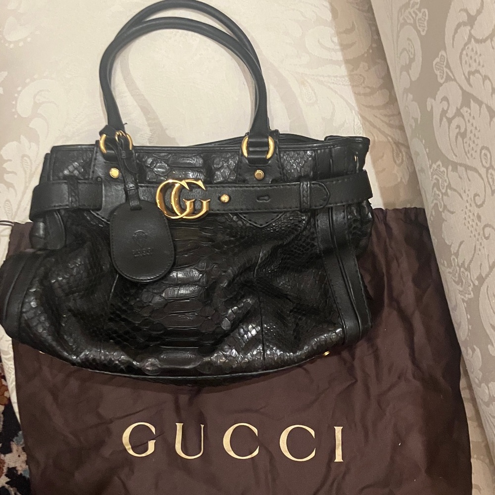 Gucci Black Python Leather Running Tote